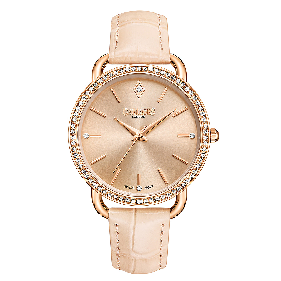 GAMAGES OF LONDON Ladies Symphony Swiss Quartz Movement Rose Dial Crystal Studded Water Resistant Watch with Rose Gold Colour Strap
