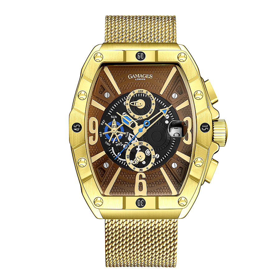 GAMAGES OF LONDON Limited Edition Hand Assembled Resplendence Automatic Movement Brown Dial Water Resistant Watch with Gold Colour Mesh Bracelet