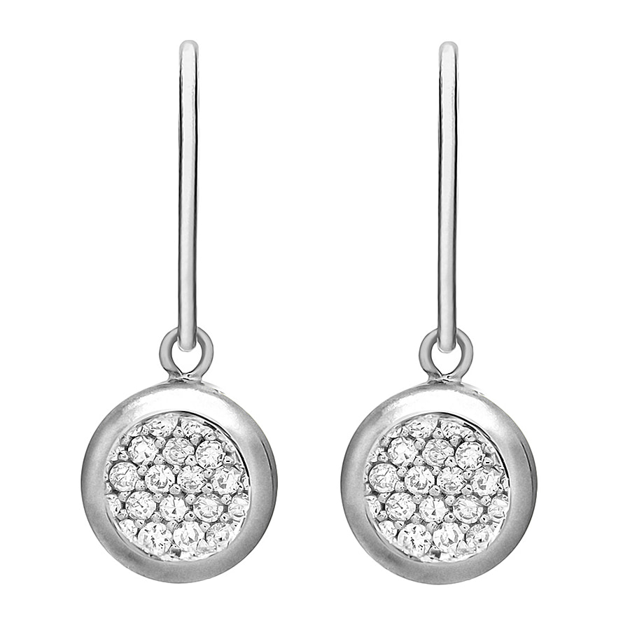 Sterling Silver Rhodium Plated Pave Set CZ Disc Drop Earrings
