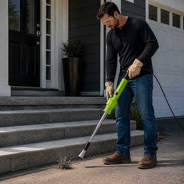 Weed burner being used on a garden patio