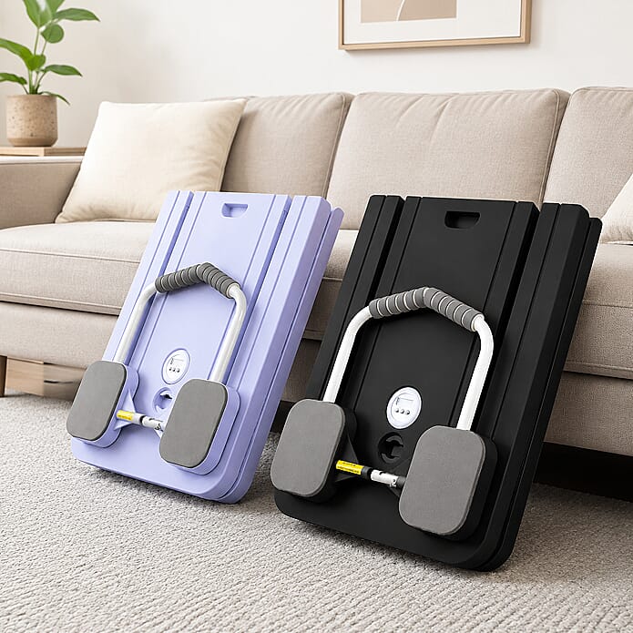 Pilates board in blue and pink colours leaning against a sofa