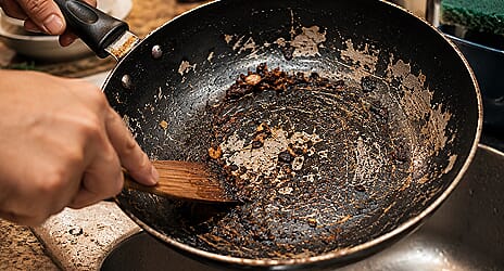 Scratched non-stick pan — worn coating causing food to stick