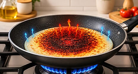 Pan on hob showing uneven heat — hot spots causing burnt food