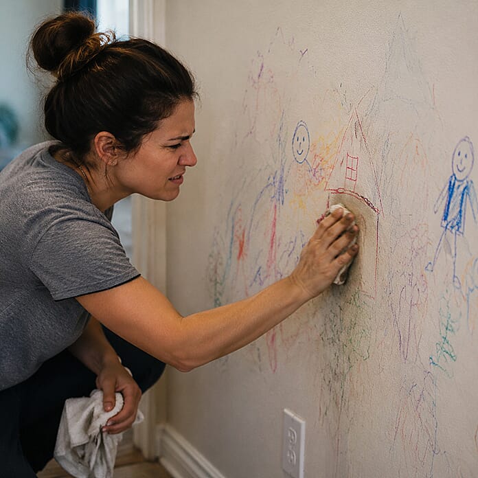 Hand using magic foam sponge to erase children's drawings from a wall