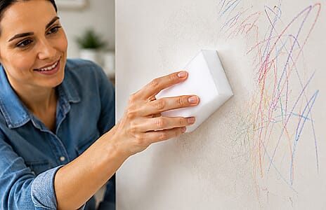 Magic foam sponge erasing crayon marks from a white wall