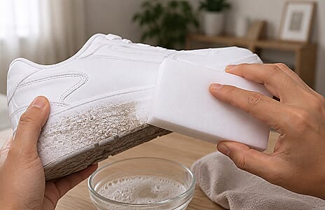 Before and after comparison of trainer sole cleaned by magic eraser sponge