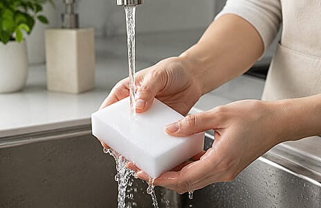 Step 1 — Dampen the magic sponge under running water
