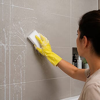 Magic eraser sponge cleaning bathroom tiles and grout