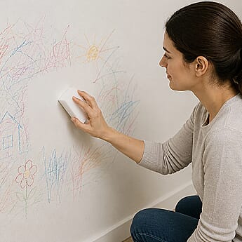 Foam sponge cleaning wall marks, scuffs and crayon from painted walls