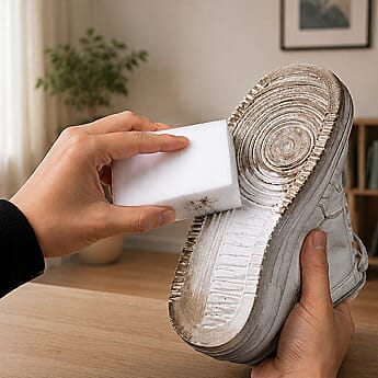 Magic sponge restoring trainer and shoe soles to white condition