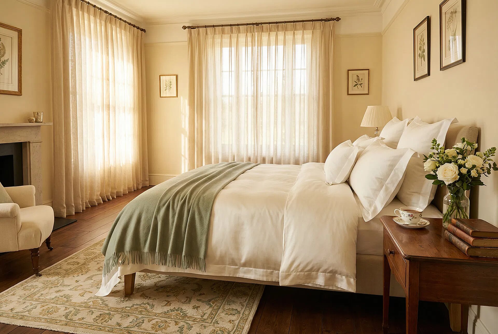 Beautifully styled bedroom with silk bedding
