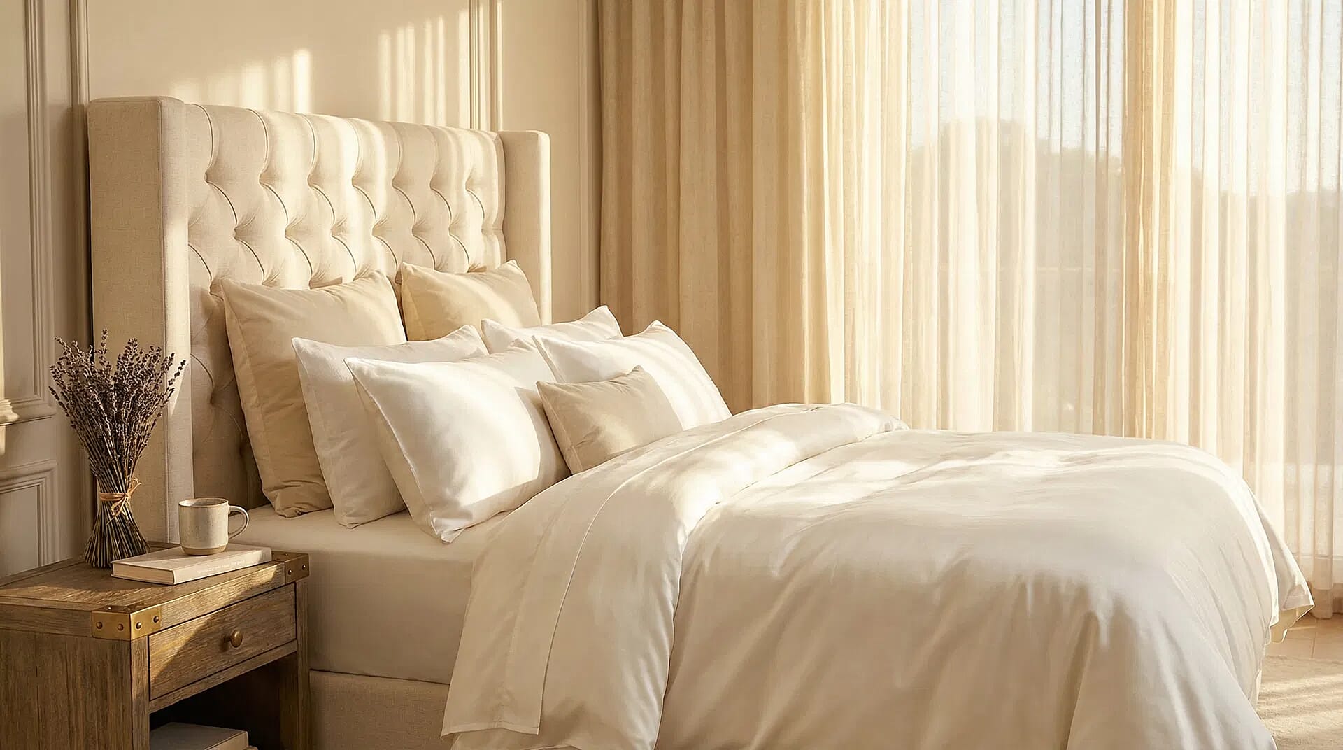 Luxurious ivory silk duvet on a beautifully made bed