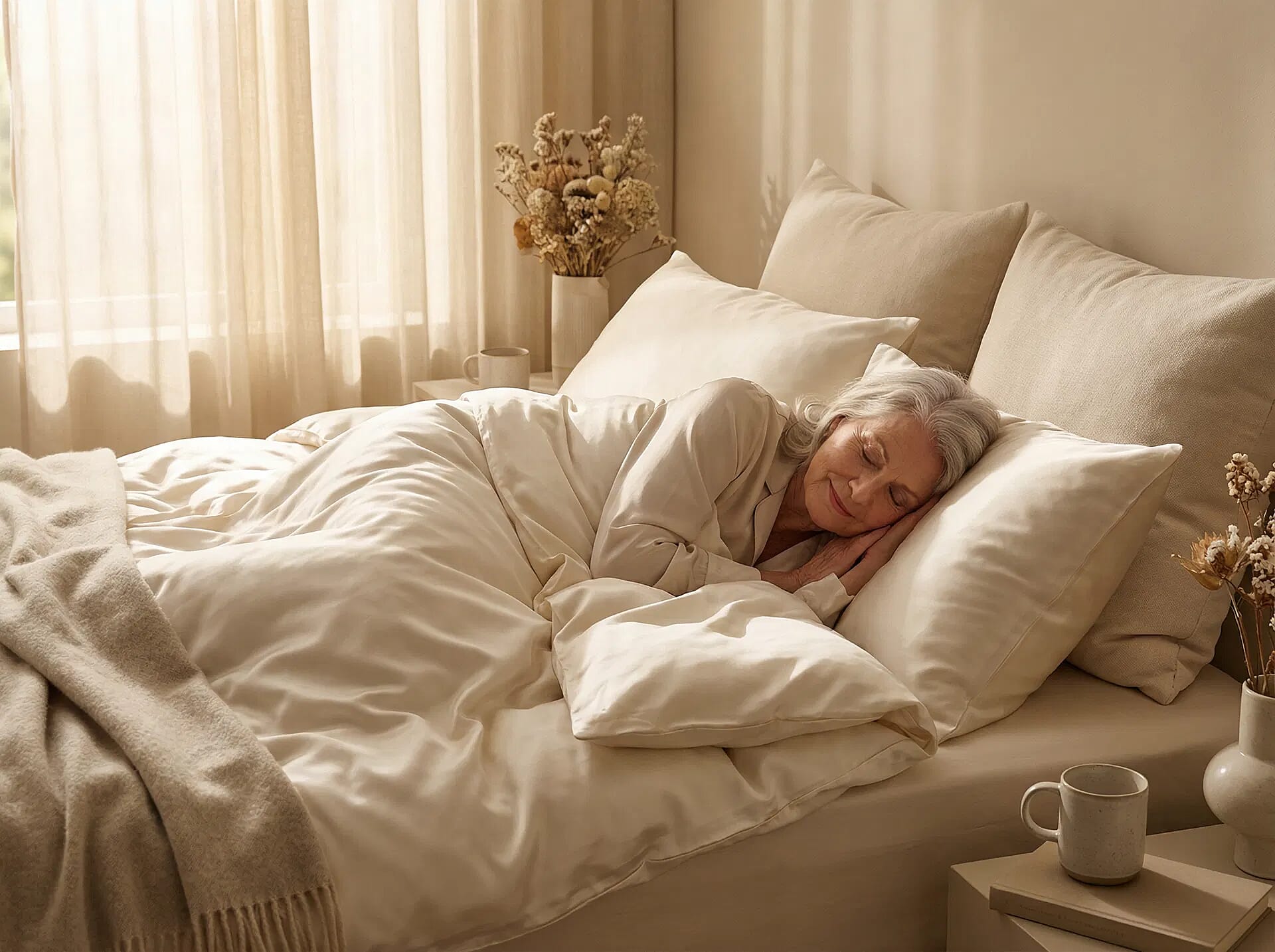 Woman sleeping peacefully under a silk duvet