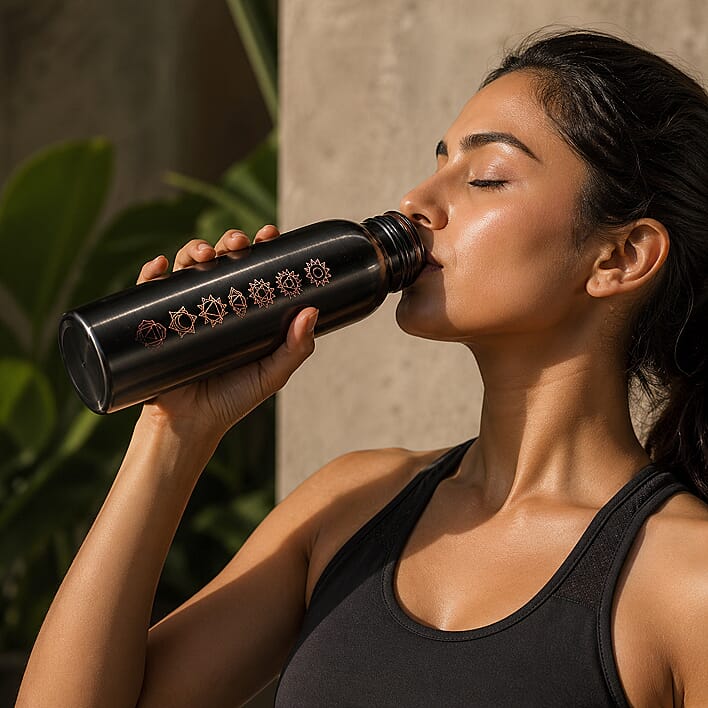 Bliss Beyond Seven Chakra Copper Bottle showing natural alkalisation, antimicrobial power and trace mineral infusion benefits