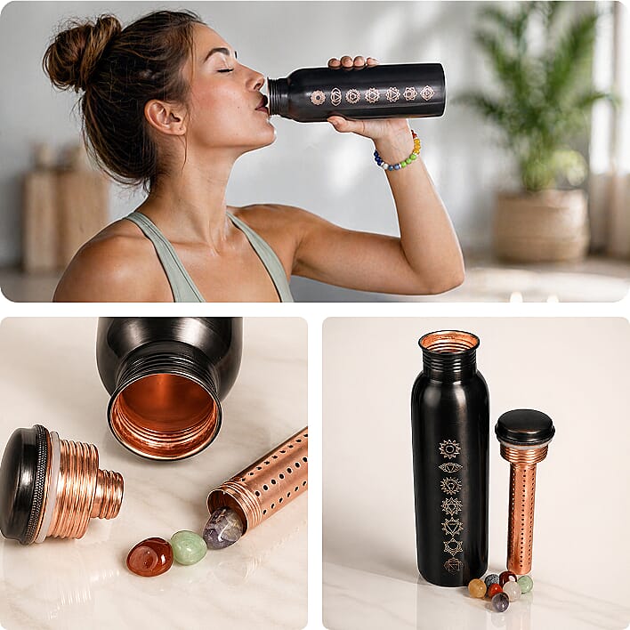 The Bliss Beyond Seven Chakra Copper Bottle Set — complete copper hydration ritual with chakra-aligned design