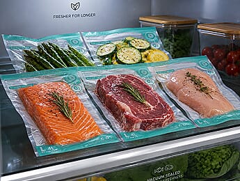 Vacuum bags in fridge — vegetables and meat