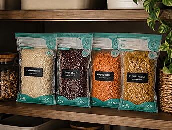 Pantry dry food storage in vacuum bags