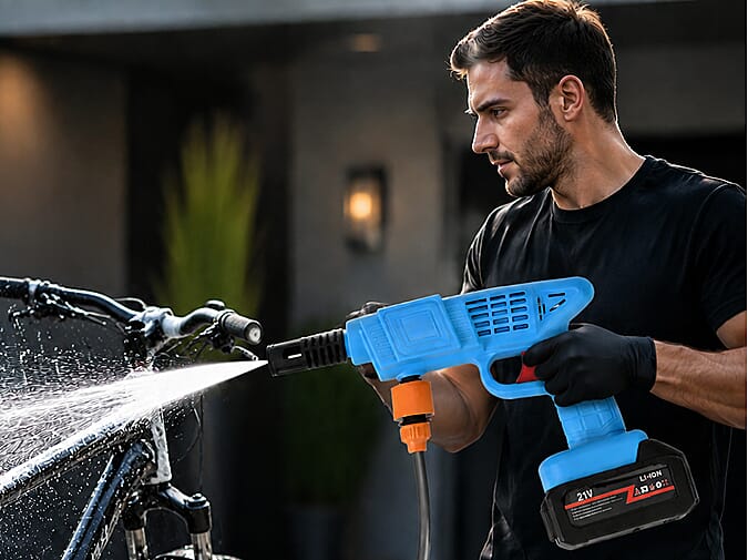 Cordless pressure washer in use