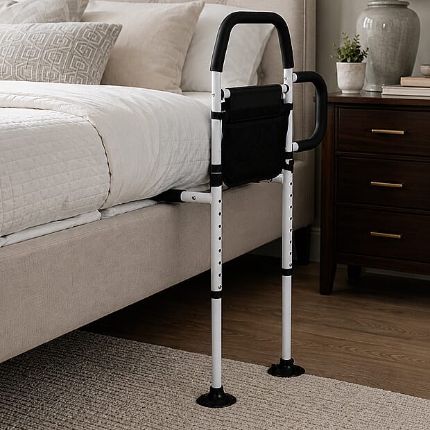 Bedside support rail in use — providing secure grip for getting out of bed