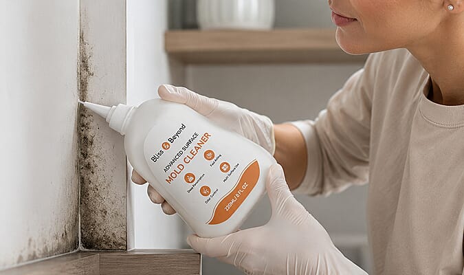 Mould Buster gel applied directly to bathroom grout — removing mould