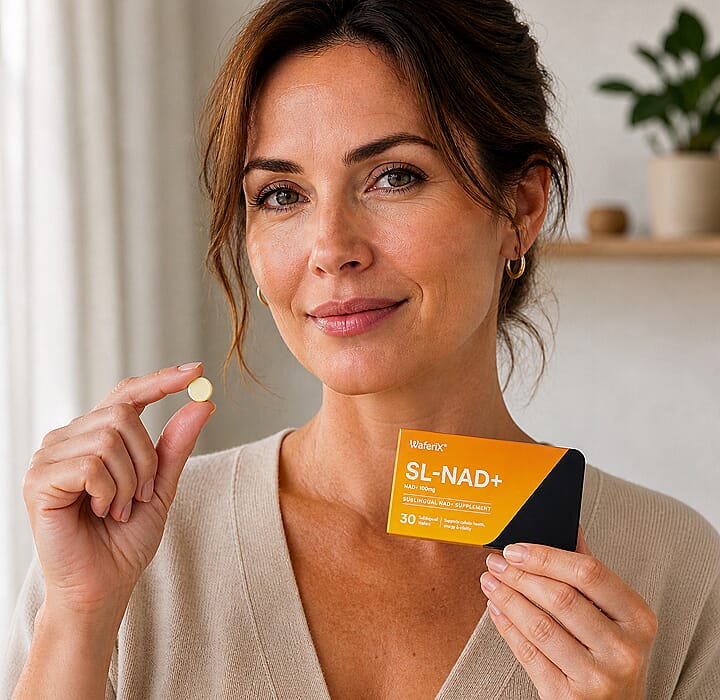 WaferiX SL-NAD+ sublingual wafer dissolving under tongue — patented nano absorption technology delivering NAD+ directly into bloodstream for cellular energy and healthy ageing