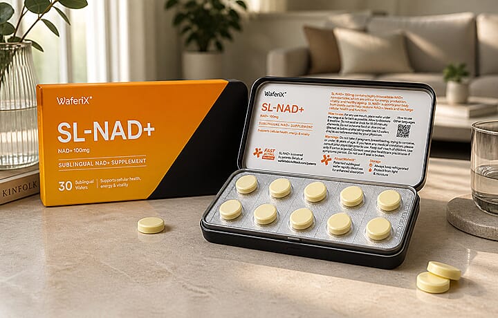 WaferiX SL-NAD+ complete pack — amber and black box with 30 sublingual wafer blister tray, 100mg NAD+ per wafer, patented WaferiX Fast Acting Technology