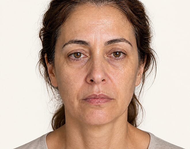 Woman looking in mirror at dull, tired skin — fine lines, uneven tone and loss of glow despite using skincare