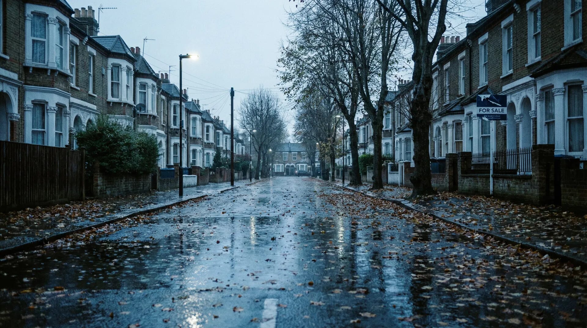 Empty wet British street on a rainy day