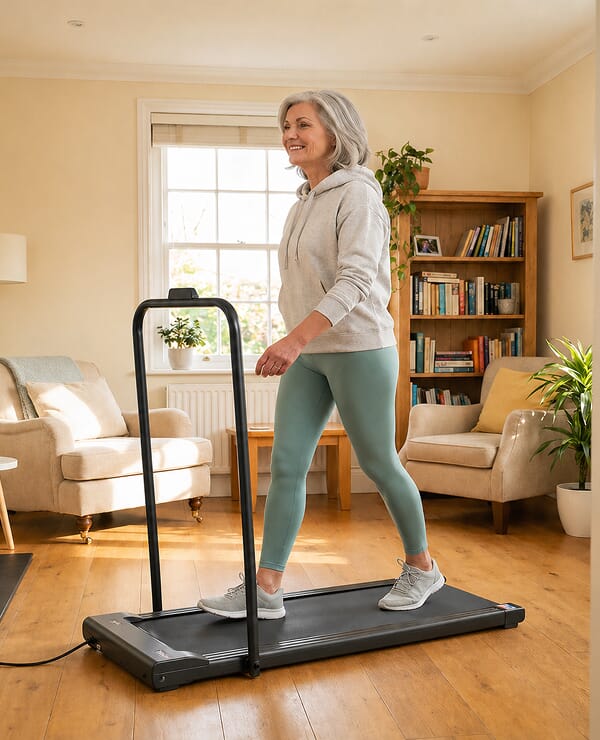 Woman aged 55 walking on treadmill in her British home