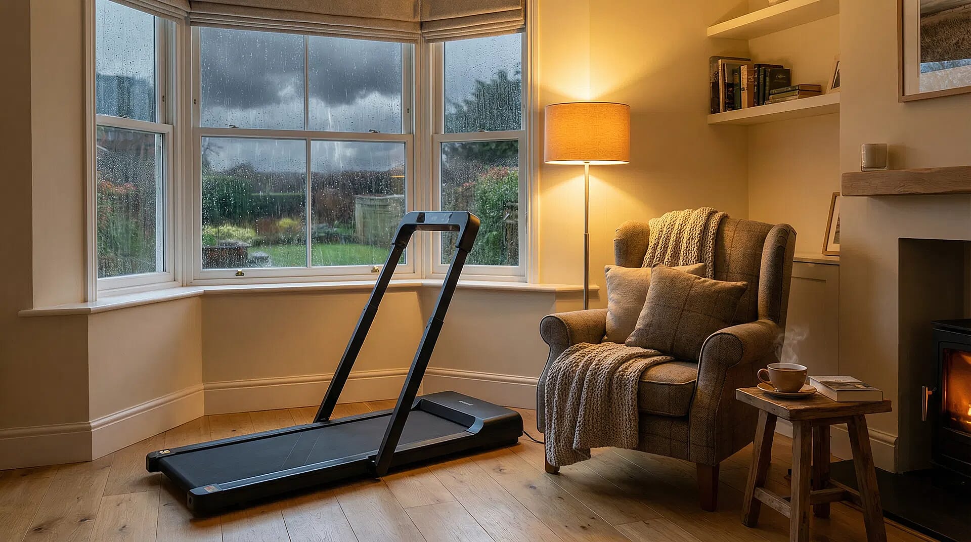 Treadmill in a warm British living room on a rainy day
