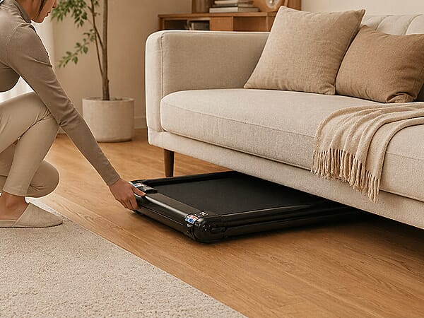 StepHome folding treadmill — folded for storage