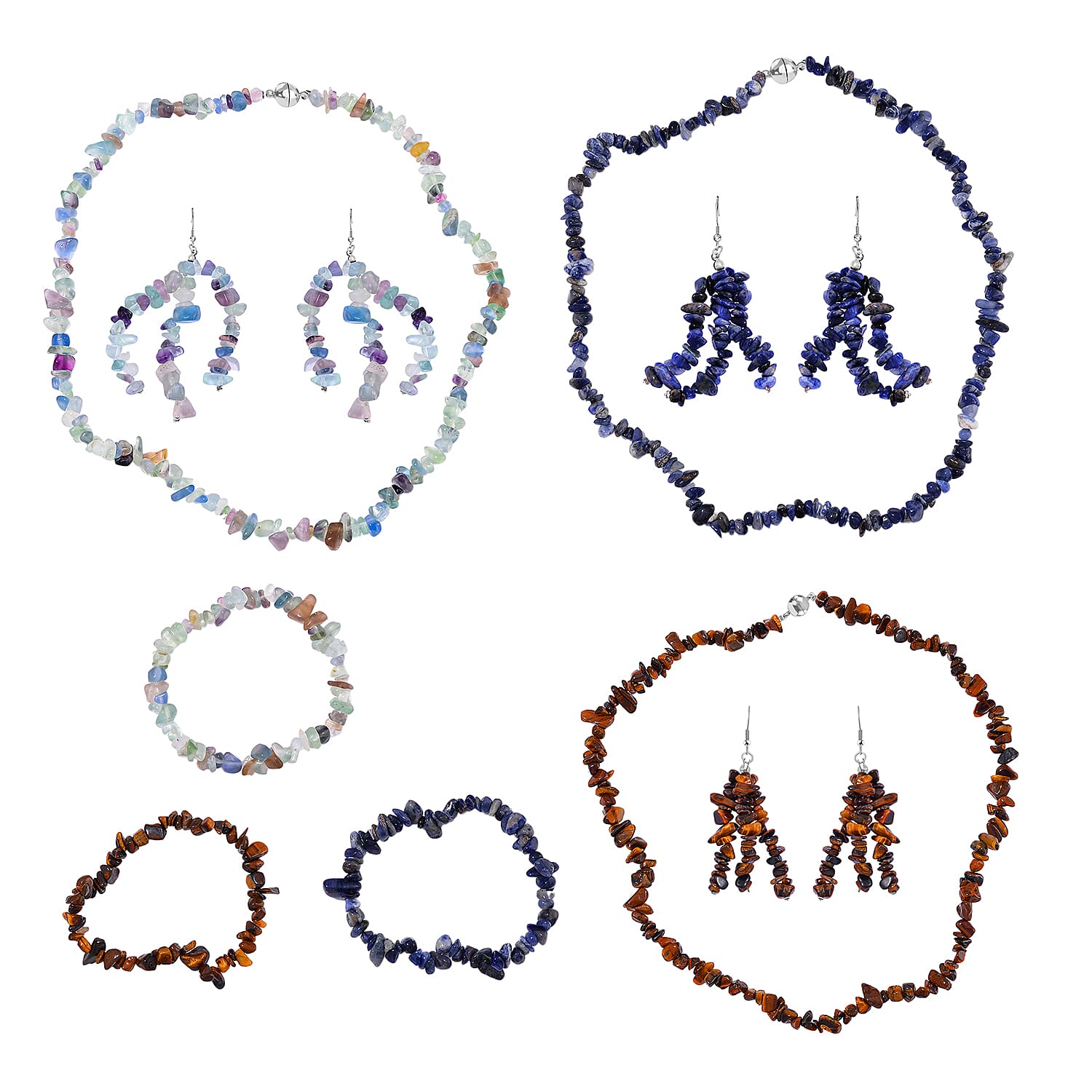 Set of 9 Pcs - Tigers Eye, Sodalite & Fluorite Necklace (Size - 20), Bracelet (Size - 7.5) Stretchable & Hook Earrings in White Tone 1090.00 Ct.