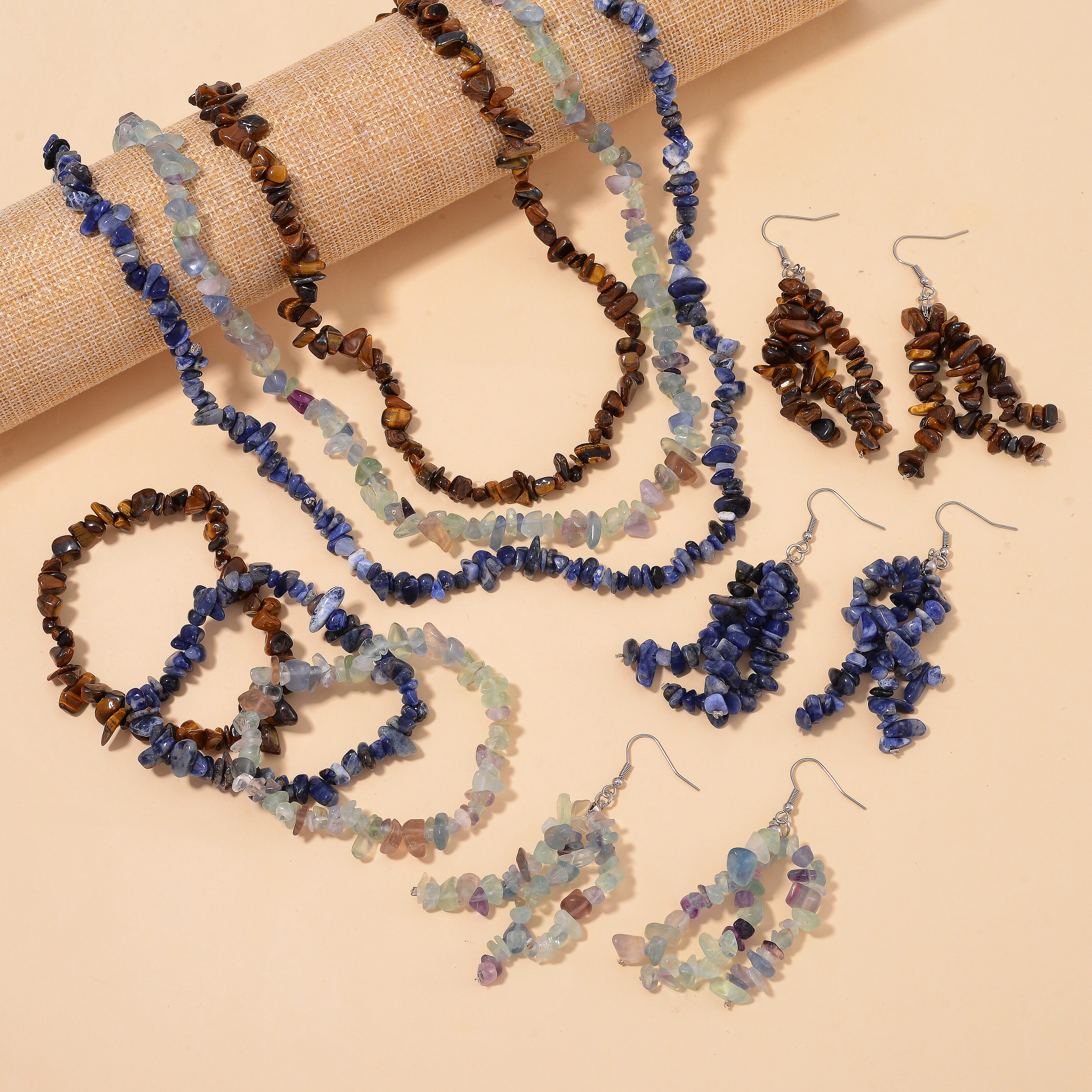 Set of 9 Pcs - Tigers Eye, Sodalite & Fluorite Necklace (Size - 20), Bracelet (Size - 7.5) Stretchable & Hook Earrings in White Tone 1090.00 Ct.