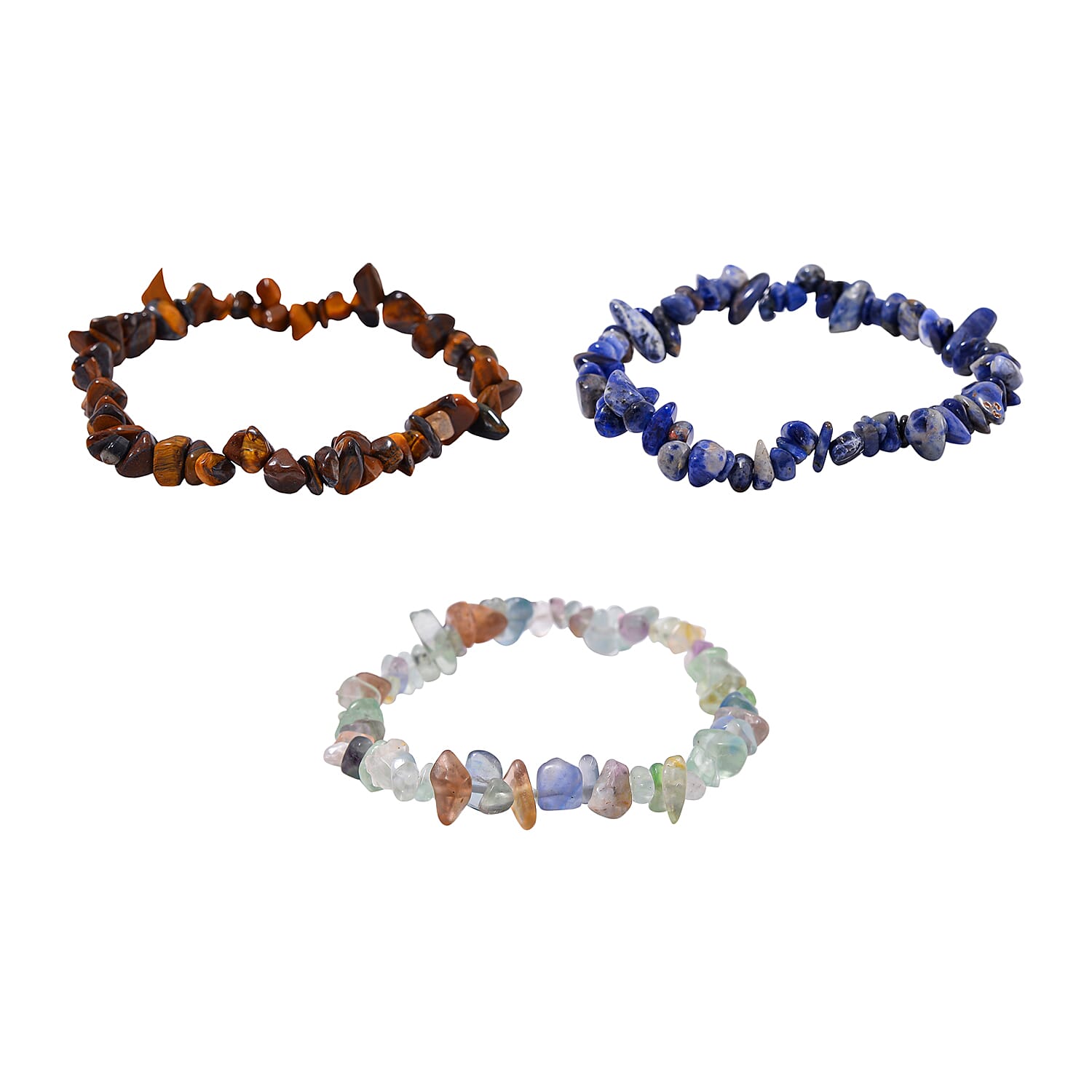 Set of 9 Pcs - Tigers Eye, Sodalite & Fluorite Necklace (Size - 20), Bracelet (Size - 7.5) Stretchable & Hook Earrings in White Tone 1090.00 Ct.