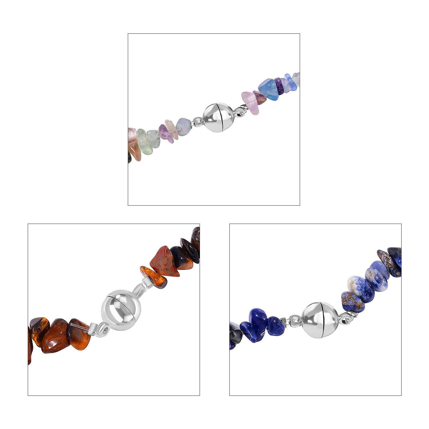 Set of 9 Pcs - Tigers Eye, Sodalite & Fluorite Necklace (Size - 20), Bracelet (Size - 7.5) Stretchable & Hook Earrings in White Tone 1090.00 Ct.
