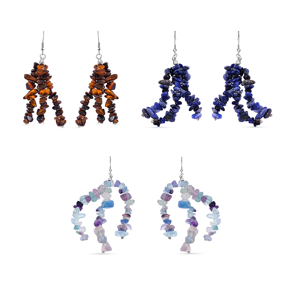 Set of 9 Pcs - Tigers Eye, Sodalite & Fluorite Necklace (Size - 20), Bracelet (Size - 7.5) Stretchable & Hook Earrings in White Tone 1090.00 Ct.