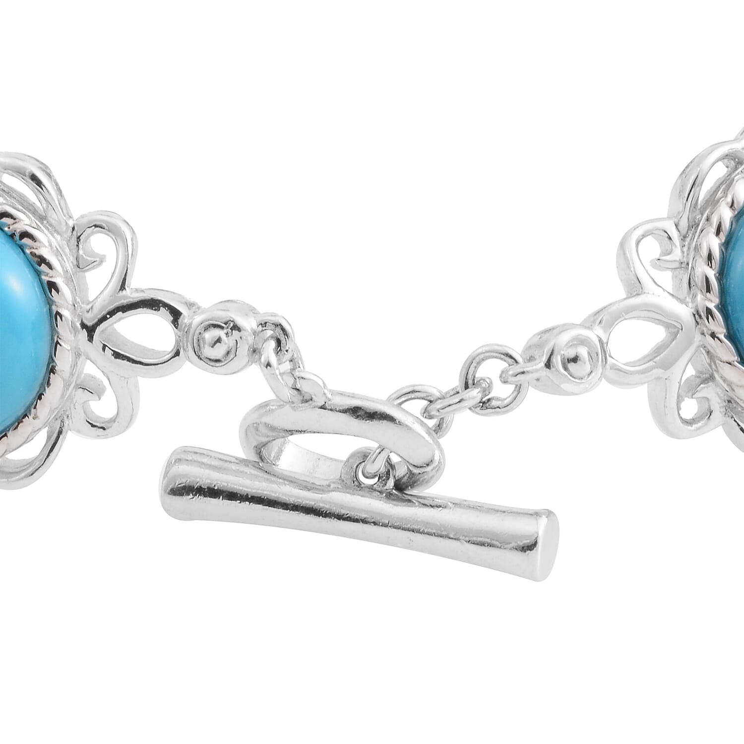 Designer Inspired- Arizona Sleeping Beauty Turquoise (Ovl 12x10 mm), Indian Garnet Bracelet (Size 7.75) in Rhodium Overlay Sterling Silver 38.712 Ct, Silver wt 17.00 Gms