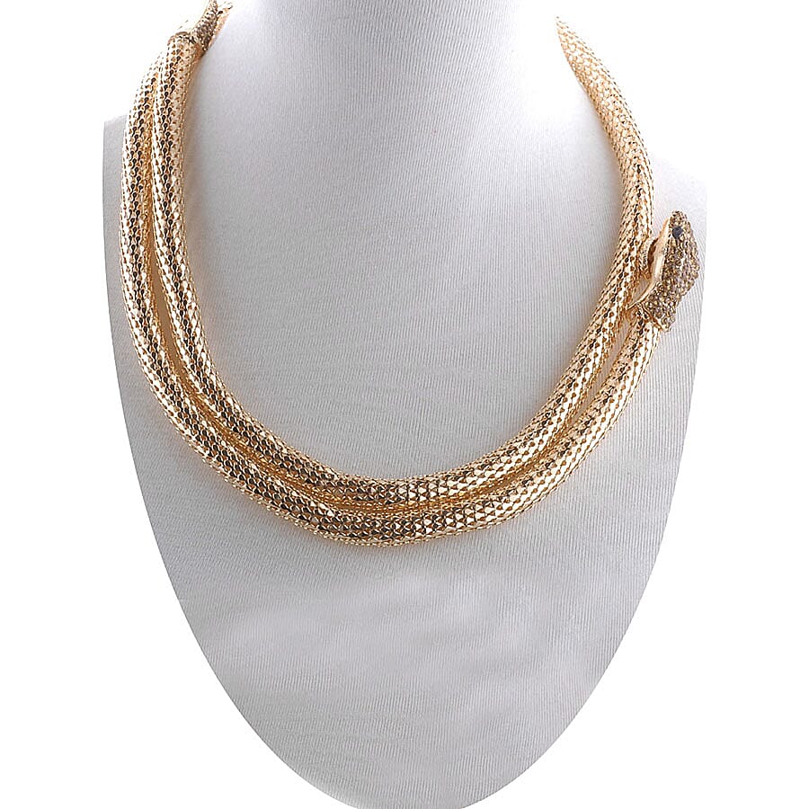 Champagne & Black Austrian Crystal Snake Design Necklace (Size - 32) in Gold Tone