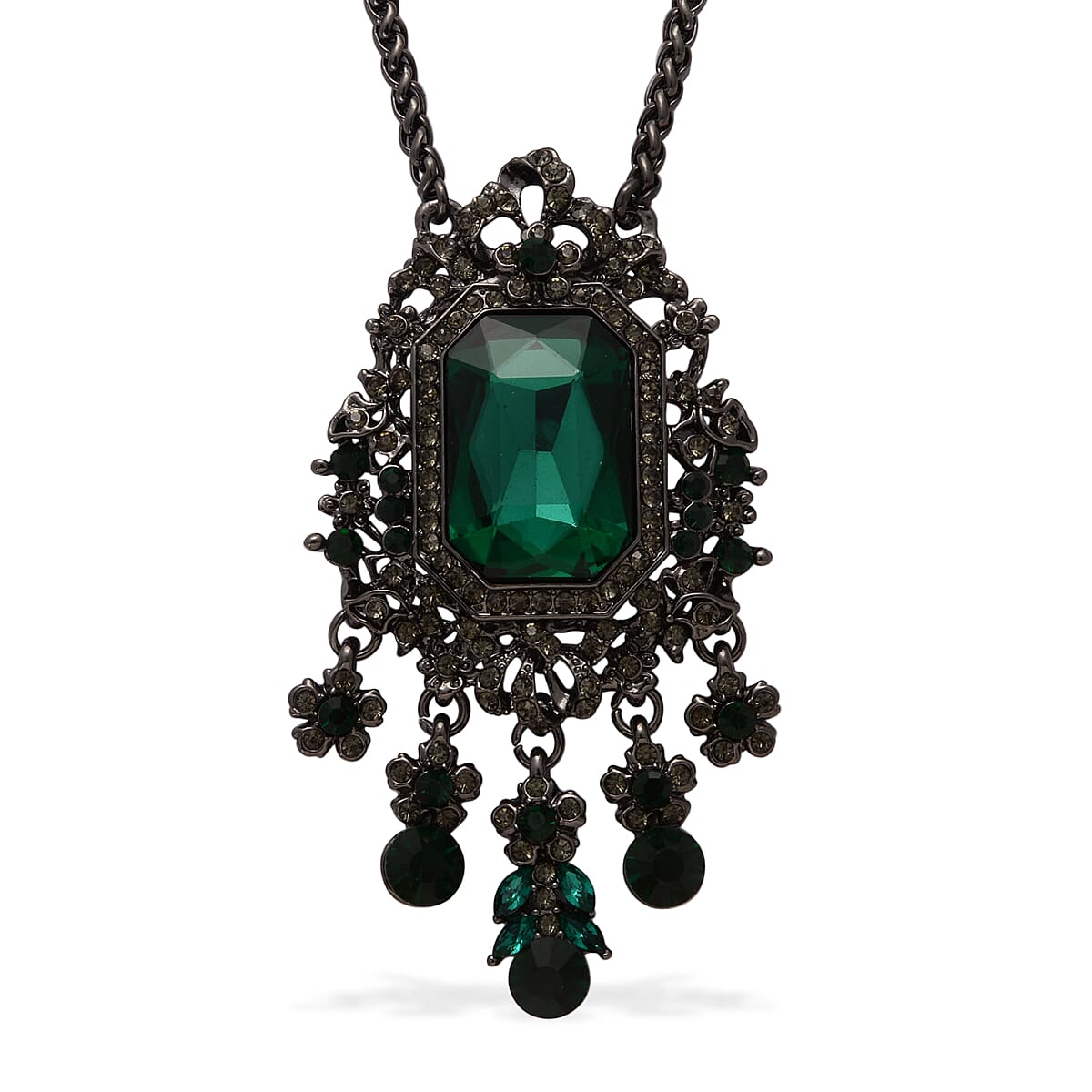 Black & Green Crystal Necklace (Size - 24-2) in Black Tone