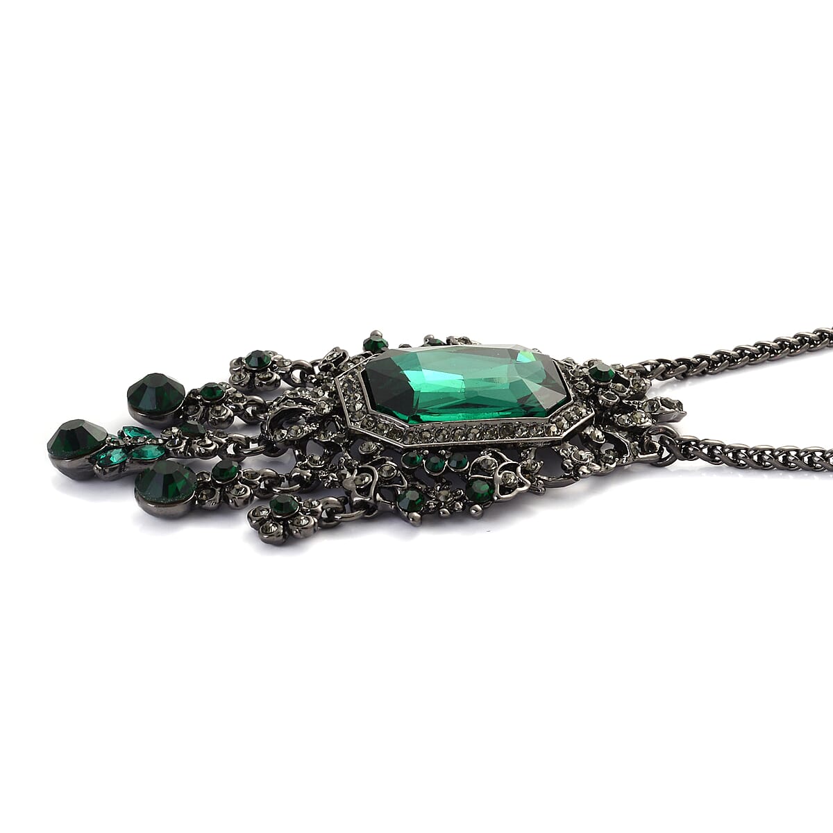 Black & Green Crystal Necklace (Size - 24-2) in Black Tone