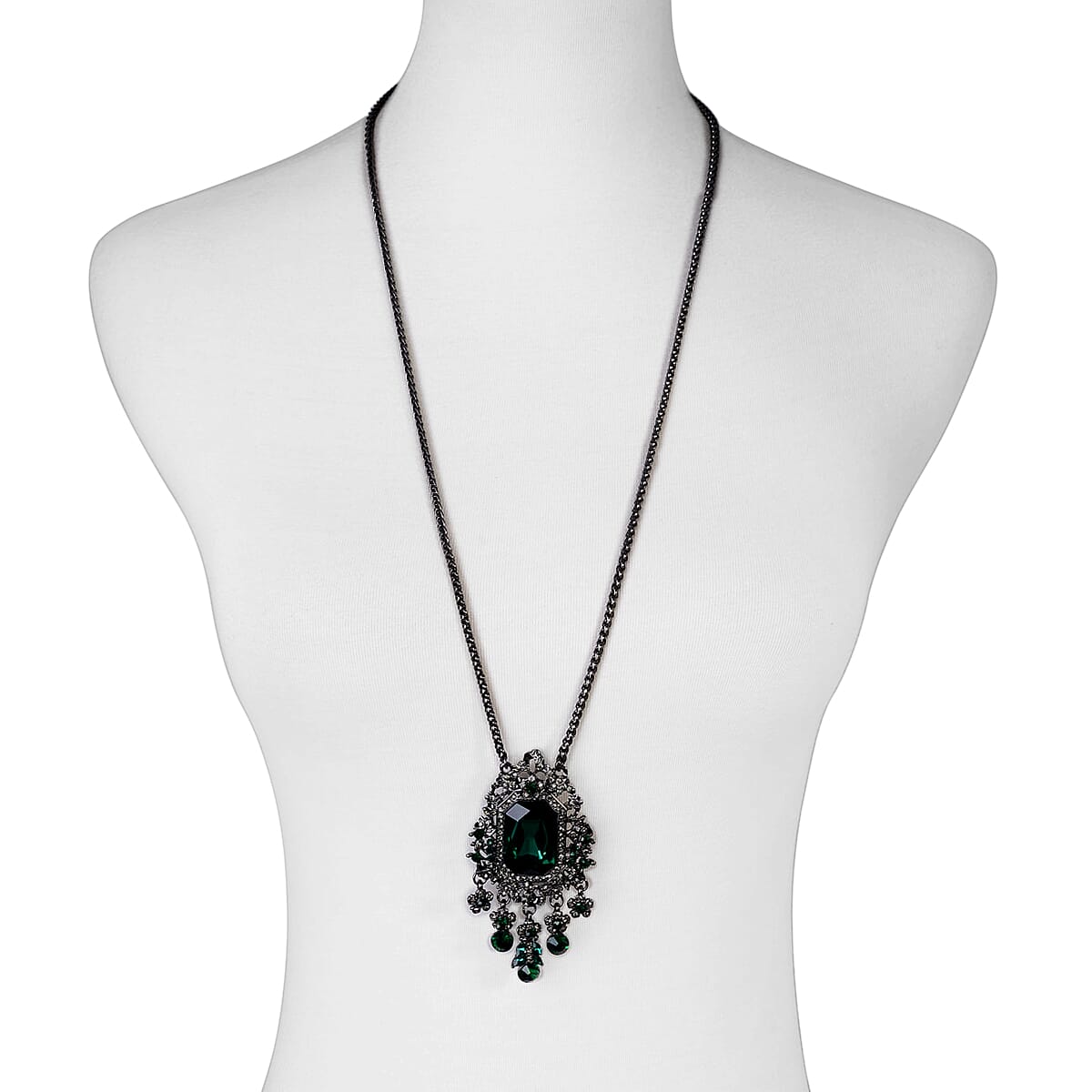 Black & Green Crystal Necklace (Size - 24-2) in Black Tone