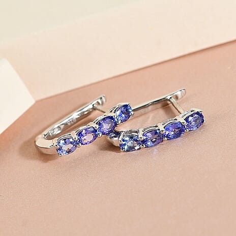 Tanzanite Hoop Earrings with Clasp in Platinum Overlay Sterling Silver 1.35 Ct.