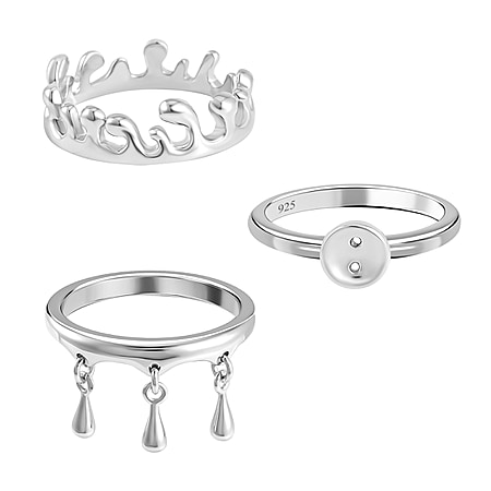 Set of 3 - Lucy Q Ocean, Button and Triple Drip Ring in Rhodium Plated Sterling Silver, Silver Wt 7.50 Gms.