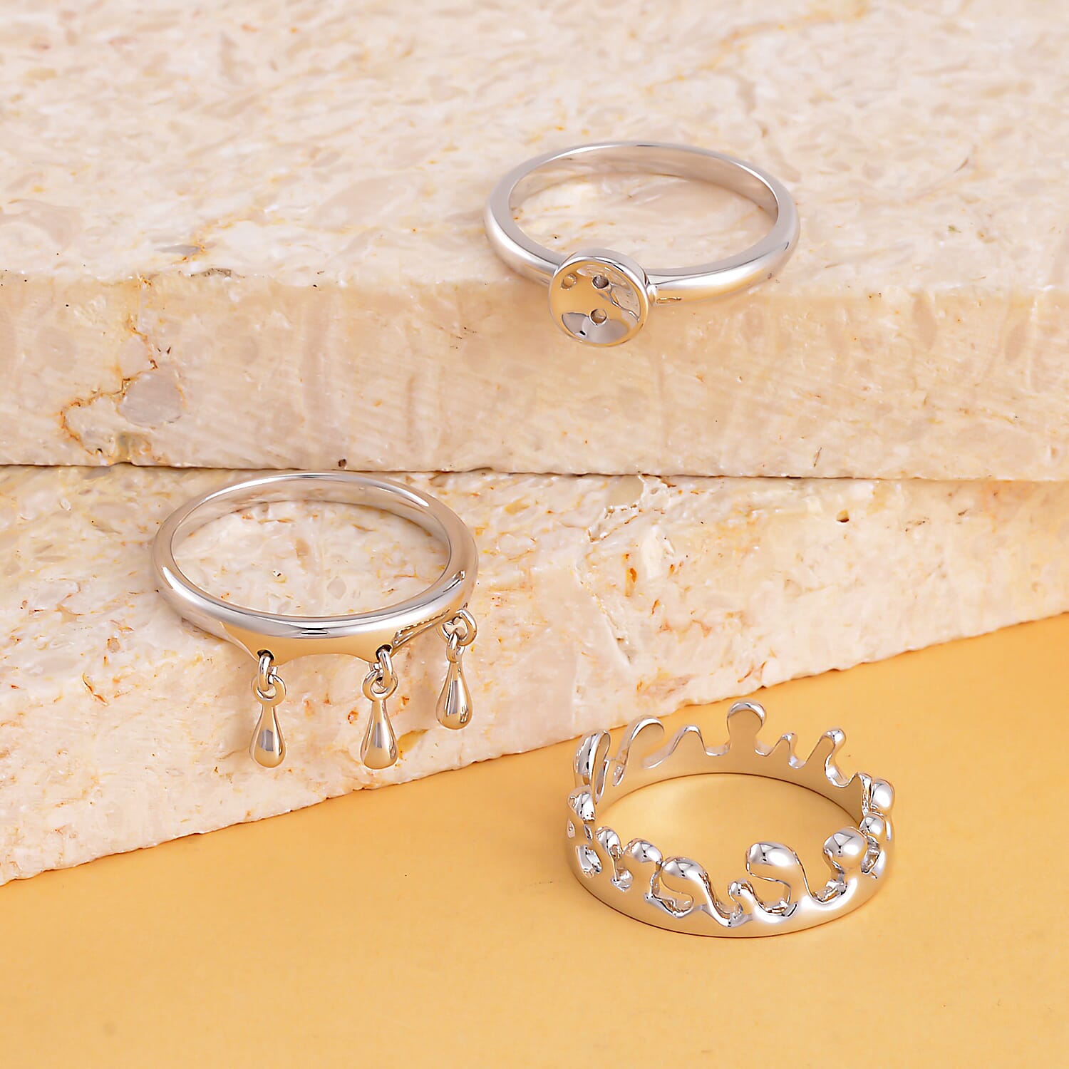 LucyQ Set of 3 Collection - Splash, Button and Drip Ring in Rhodium Plated Sterling Silver