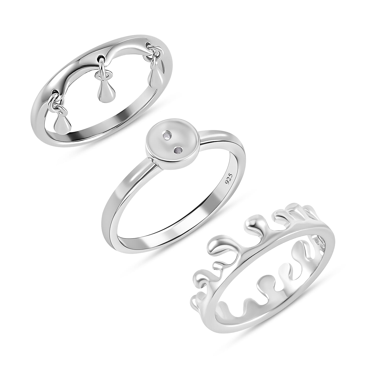 LucyQ Set of 3 Collection - Splash, Button and Drip Ring in Rhodium Plated Sterling Silver