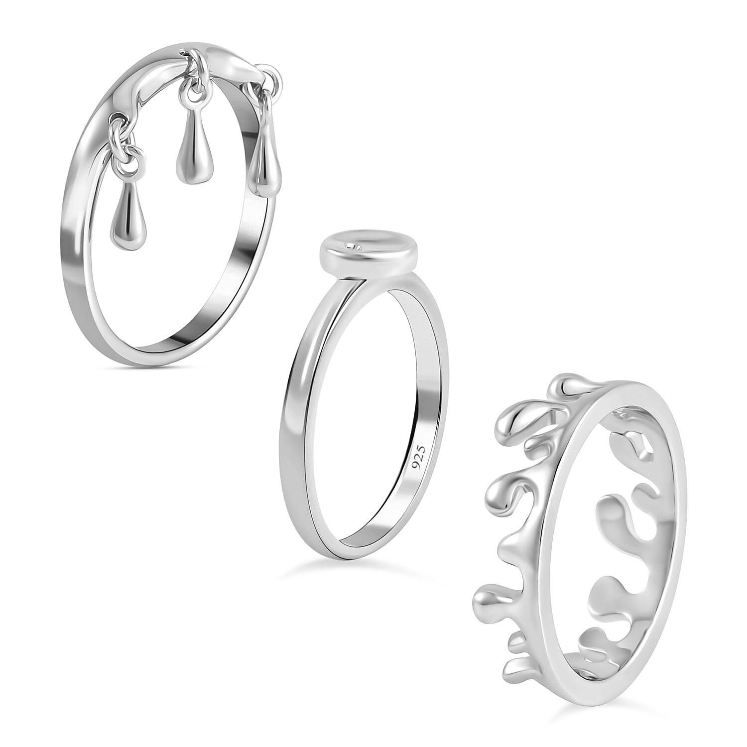 LucyQ Set of 3 Collection - Splash, Button and Drip Ring in Rhodium Plated Sterling Silver