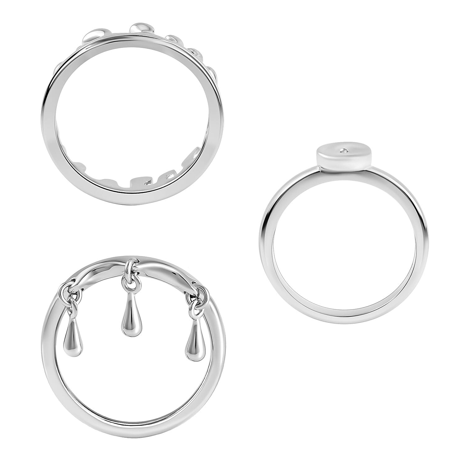 LucyQ Set of 3 Collection - Splash, Button and Drip Ring in Rhodium Plated Sterling Silver