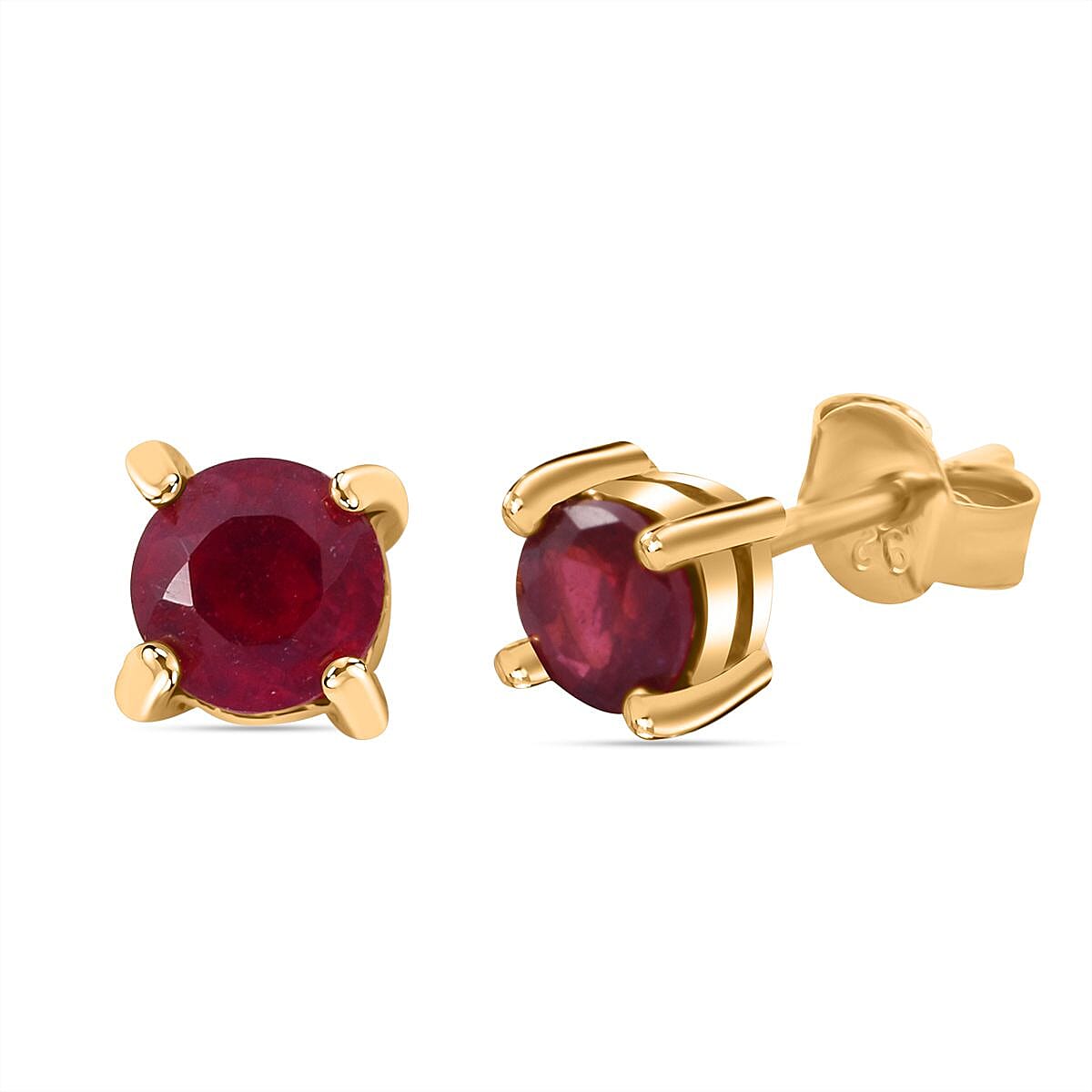 African Ruby Stud Earrings With Push Back in 18K Vermeil Yellow Gold Plated Sterling Silver 1.14 Ct.