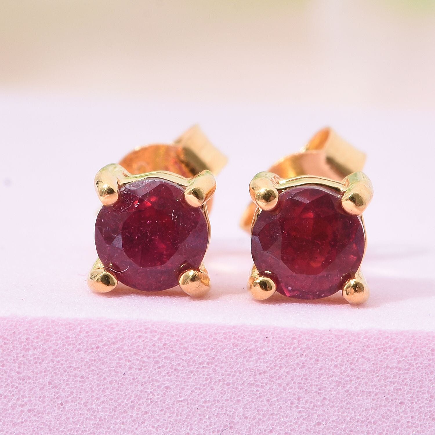 African Ruby Stud Earrings With Push Back in 18K Vermeil Yellow Gold Plated Sterling Silver 1.14 Ct.