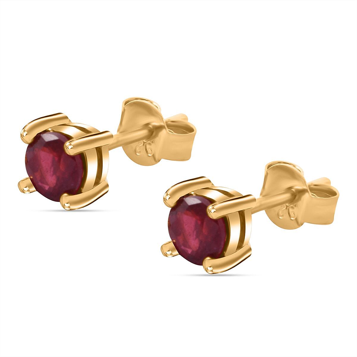 African Ruby Stud Earrings With Push Back in 18K Vermeil Yellow Gold Plated Sterling Silver 1.14 Ct.